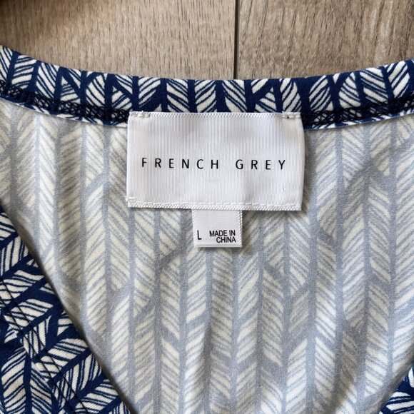 French Grey Geometric Fit & Flare Dress Navy Blue White Womens Large Soft Comfy - Picture 4 of 13